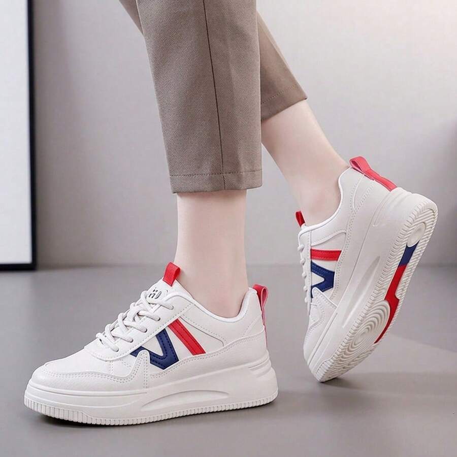 Tenis de mujer casuales con plataforma de suela gruesa para aumento de altura, zapatillas blancas mujer de cuero sintético PU con diseño retro de combinación de colores y cordones, zapatos para mujer calzado deportivo cómodo transpirable y antideslizante, tenis deportivos para mujer oferta ligeros y versátiles para uso diario de estilo casual y moda. - Rosa Fucsia - Ver 1