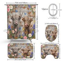 1pc/4pcs Highland Cow & Floral Retro Animal Pattern Multifunctional Bathroom Decor Shower Curtain Set, Free 12 Hooks Included, Elegant Holiday Atmosphere, Bathroom Mat, U-Shaped Toilet Mat And Round Toilet Mat, Suitable For All Scenarios Bathroom Set - Highland Cattle 2 - View 3