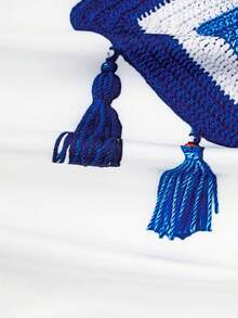 休闲风蓝色流苏印花V领无袖连衣裙 - 白色 - 查看 7