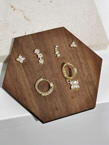 Shescity 6pcs Fashionable Delicate Micro-Inlaid Cubic Zirconia Floral Creative Versatile Women Earrings Set - Gold - View 3