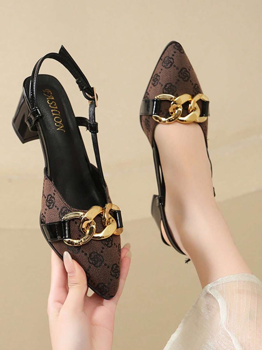 2026春季新款百搭单带镂空高跟凉鞋，韩版尖头后带粗跟复古时尚凉鞋 - 黑色 - 查看 1