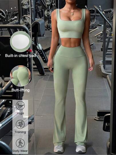 Aoquita New Women 2 Pieces Set, Solid Color Fitted U-Neck Sleeveless Tank Top And High Waist Flare Pants, Suitable For Fitness, Yoga, Pilates, Running