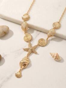 1pc Fashionable Exaggerated Gold Starfish & Shell Y-Shaped Necklace, Metal Coastal Style Women's Necklace Suitable For Beach, Party, Versatile - Gold - View 3
