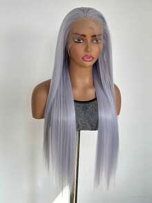 Tóc giả dài thẳng màu xám khói dành cho nữ, chất liệu tổng hợp, kiểu ren phía trước, đường chân tóc tự nhiên 13*4, tóc giả màu xám bạc phù hợp cho sử dụng hàng ngày, dự tiệc và cosplay. - Bụi tím - Xem 7