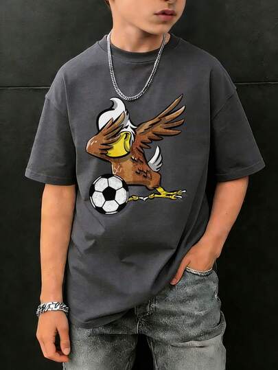 1件青少年男童印花短袖T恤，学生青少年服装，夏季儿童礼物