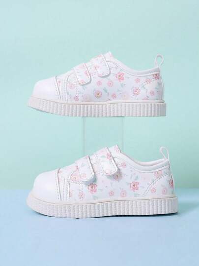 1双女童白色休闲运动鞋，波西米亚风随机牡丹花图案，柔软PU材质，圆头软底防滑，双绑带设计，时尚可爱运动鞋，适合日常、休闲、度假、上学、跑步等场合。