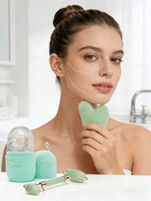 1/2/3pcs Set Ice Face Roller + Stainless Steel Gua Sha Board + Cloth Flannel Bag - Facial Skin Care Ice Roller Set, Facial Massage Tools, Silicone Ice Face Roller, Ice Roller, Stainless Steel Gua Sha Board, For Relieving Face And Eye Puffiness - Green - View 2