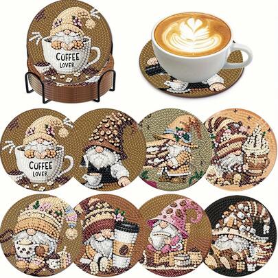 8 قطع مجموعة بطانات قهوة DIY الماس، سطح ماسي عالي اللمعان، لاصق قوي مع أدوات كاملة، سهل للمبتدئين كهواية مريحة، هدية لرأس السنة، عيد الحب، عيد الميلاد، عيد المعلم، ديكور منزلي بطانات طاولة للعائلة والأصدقاء والصديقة والمعلم