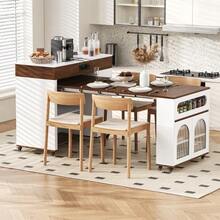 Kitchen Island With Wheels, Extendable Dining Table With Power Strips And Ribbed Glass, Sideboard With One Drawer, Serves As A Kitchen Island, Sideboard For Kitchen And Dining Room (White + Walnut) - White - View 2