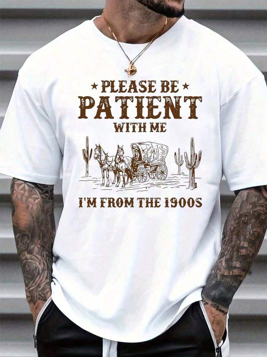 S"Unisex 100% Cotton Round Neck Short - Sleeve T - Shirt - 'Please Be Patient With Me I'm From The 1900s' Western - Inspired Graphic Basic Tee For Summer Men's Tops"Soft Fabric - 白色 - 查看 1