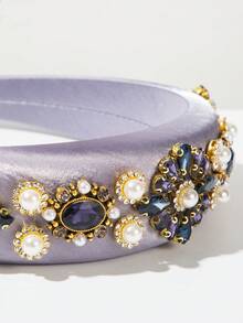 1pc Korean Fashion Elegant Satin Fabric Sponge Wide-Brimmed Headband, Luxury Rhinestone Faux Pearl Decor, High-Quality Versatile Headpiece For Women,Summer,Hair Accessaries,Holiday - Purple - View 4