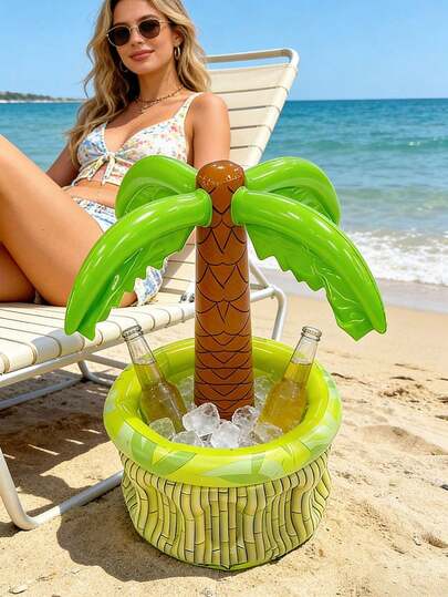 Thùng làm mát bia hình cây dừa Hawaii bơm hơi - Trang trí tiệc bể bơi nhiệt đới màu xanh lá cây và vàng, Xô đá bơm hơi cỡ lớn hình cây dừa mùa hè bằng PVC, Trang trí tiệc bia và đồ uống ngoài trời bên bể bơi, Xô đựng đồ uống bằng PVC bền chắc có sức chứa đá, thích hợp cho sinh nhật, phụ kiện bãi biển, họa tiết hoa dâm bụt, bề mặt có vân.