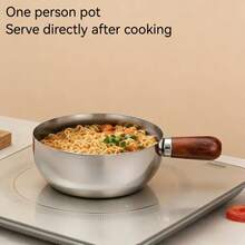 1pc Stainless Steel Pot With Heat-Resistant Wooden Handle, Non-Stick Design, Even Heat Distribution, Good Heat Conduction, Suitable For Induction Cooktop And Open Flame, Non-Slip Bottom, Versatile For Dorm, Office, Small Kitchen, Pasta Pot - View 1