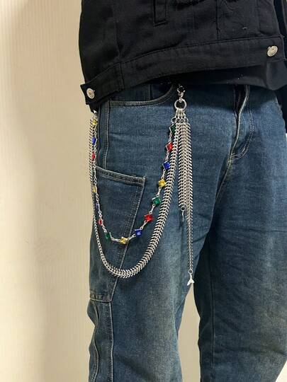 Quần dây đá màu hình xương cá tự làm độc đáo, phụ kiện thời trang nhiều lớp sang trọng dành cho nam và nữ, phong cách Y2K Hip-Hop. Màu sắc sản phẩm được gửi ngẫu nhiên.