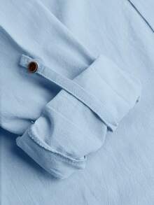1 Set Men's Lightweight Loose Fit Summer Outfit: Light Blue Long Sleeve Button-Up Collared Shirt + Straight Leg Pants (Note: Linen Fabric May Wrinkle Easily And Have Slight Transparency, Please Consider Before Purchasing. Refer To Size Chart In Details) - Baby Blue - View 5