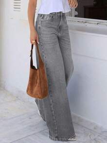 Women's Loose Casual Straight Leg Jeans With Pockets, Simple Washed Pants, Suitable Summer Wear And Also A Must-Have Item Halloween - 灰色 - 查看 1