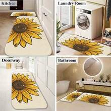 1/2/3pcs-Large Sunflower With Bright Yellow Petals Dark Brown Center Cartoon Bees Bold Line Art Graphic Print Beige Background Decorative Floor Mat-Flannel Material, Soft, Comfortable And Easy To Clean, Suitable For Bathroom, Bedroom, Kitchen, Porch, Laundry Room, Daily Decor, Three Sizes Available - 黑色 - 查看 6