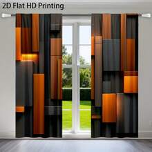 2pcs Modern Abstract Black & Orange Curtains - Light-Filtering Opaque Window Drapes With 3D Rectangular Blocks Design, Machine Washable Polyester , Window Curtain Panels For Bedroom Living Room Home Decor - 2pcs - View 2