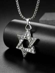 1pc Men's Stainless Steel Necklace, Modern Hexagon Star Pendant, Rust-Resistant Chain, Minimalist Style, Suitable For Daily And Formal Occasions, Gift For Him, Fashion Accessory, Unique Design, Rust-Resistant Metal, Showcasing Masculine Charm - Multicolor - View 1