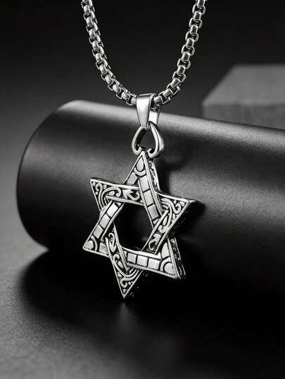 男士不锈钢项链，现代六角星吊坠，防锈链条，简约风格，适合日常及正式场合，送给他的礼物，时尚配饰，独特设计，防锈金属，展现男性魅力