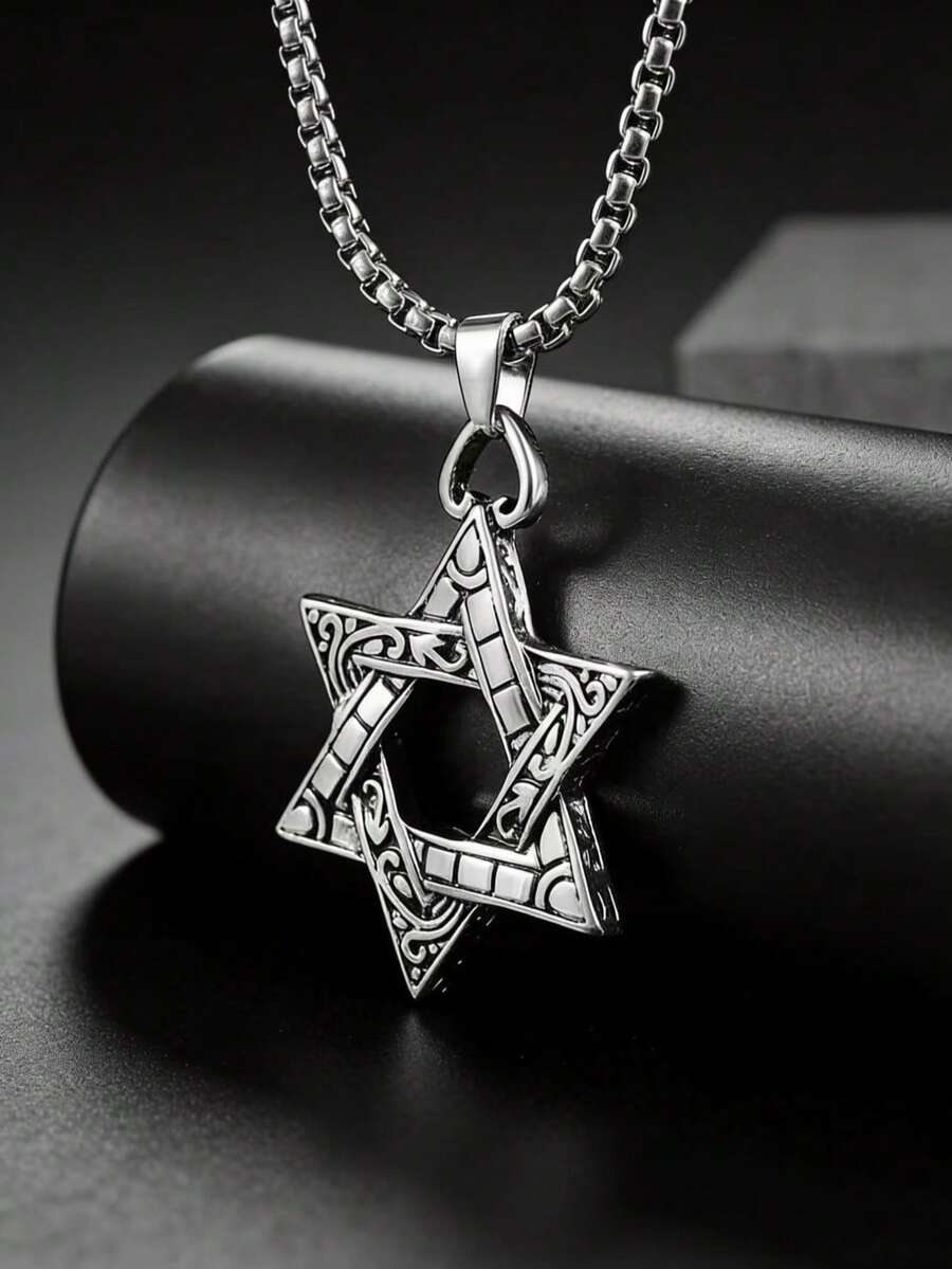 1pc Men's Stainless Steel Necklace, Modern Hexagon Star Pendant, Rust-Resistant Chain, Minimalist Style, Suitable For Daily And Formal Occasions, Gift For Him, Fashion Accessory, Unique Design, Rust-Resistant Metal, Showcasing Masculine Charm - Multicolor - View 1