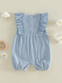 Infant Baby Girls Rompers Daisy Embroidery Stripe Crew Neck Ruffles Fly Sleeve Waffle Infant Bodysuits Jumpsuits - Azul - Ver 7