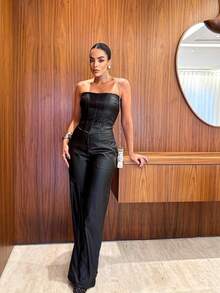 Faux Leather Wide Leg Pants And Cropped Top Set – A Powerful And Modern Look - 黑色 - 查看 5