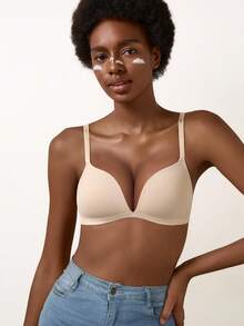 女士无钢圈提拉支撑文胸 - 舒适T恤文胸，全天候提拉塑形支撑，无缝亲肤，提升日常穿着自信 - 米色 - 查看 7