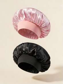 1pc Silk Satin Hair Sleep Cap, Wide Brim High Elastic, Curly Hair Care Bonnet, Black & Gold, Smooth Hair Protection - Hot Pink - View 21