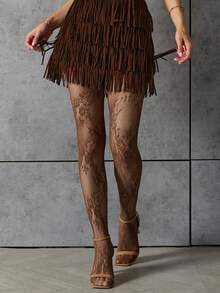 1 Pair Plus Size French Brown Lace Floral Fishnet Shiny Pantyhose, Sexy Parisian Fashion Style For Women, Suitable For Daily Wear, Party, Date, And Commute - Multicolor - View 6