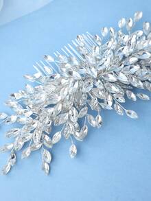 1pc Elegant Silver Crystal Leaf Handmade Bridal Hair Comb, Teardrop Transparent Crystal Bead Decor, Wedding Bride Bridesmaid Party Accessory - Silver - View 5