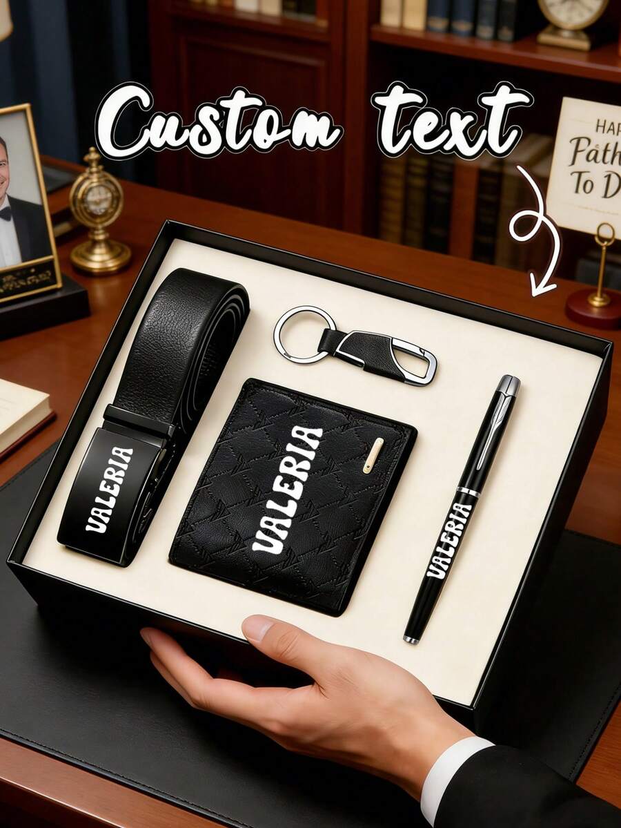Bộ quà tặng đa năng dành cho nam giới (ví da PU, thắt lưng, bút bi, móc khóa), có thể khắc tên, phù hợp cho doanh nhân, bạn trai/anh trai/bạn bè cao cấp, quà sinh nhật, đám cưới, ngày Valentine, sử dụng hàng ngày trong công việc/học tập/văn phòng, quà tặng Valentine lãng mạn, phong cách công sở thường ngày, quà kỷ niệm. - Nhiều màu - Xem 1