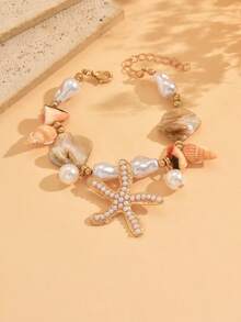 1 chiếc vòng tay thủ công kiểu Boho làm từ hợp kim kim loại hình sao biển và đính hạt ngọc trai giả, thích hợp để đeo hàng ngày và đi du lịch biển. - Nhiều màu - Xem 1