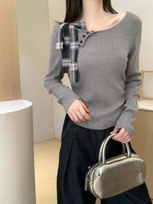 Áo len dệt kim tay dài ôm sát, kiểu nơ bất đối xứng, chất liệu vải cắt ngẫu nhiên. - Xám - Xem 2