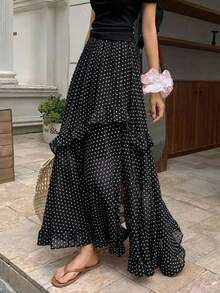 Chân váy EARO chấm bi dáng suông, chất liệu chiffon, eo chun, kiểu dáng thường ngày, không co giãn, thời trang đa năng, thanh lịch, thích hợp cho kỳ nghỉ xuân, màu đen. - màu đen - Xem 1