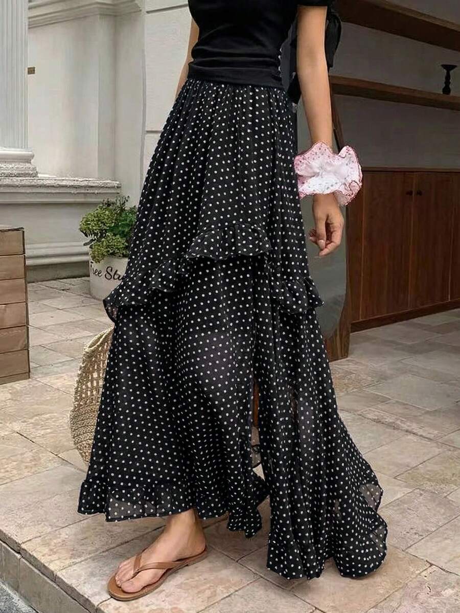 Chân váy EARO chấm bi dáng suông, chất liệu chiffon, eo chun, kiểu dáng thường ngày, không co giãn, thời trang đa năng, thanh lịch, thích hợp cho kỳ nghỉ xuân, màu đen. - màu đen - Xem 1