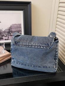 New Stylish And Soft Washed-Jeans-Inspired Shoulder Bag With A Flap Design; A Versatile, Roomy Crossbody Bag For Women With A Twist-Lock Closure, Perfect For Shopping And Commuting - 藍色 - 查看 9