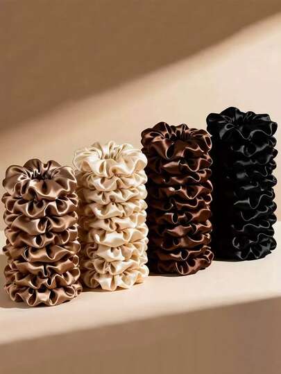 28-Piece Satin Scrunchie Set - Mocha Neutral Hair Ties | Black, Mocha Brown, Beige & Earth Tones | Women's Versatile Hair Accessories