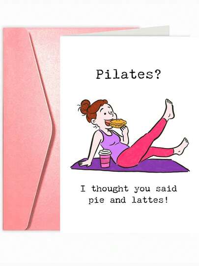 1张趣味生日贺卡，送给女性朋友，包含普拉提和拿铁笑话，可作为送给女性闺蜜、姐妹、母亲、女儿、同事的礼物。