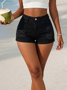 Women's Sexy Distressed Stretch Fitted Straight Leg Denim Shorts, Summer - Black - View 2