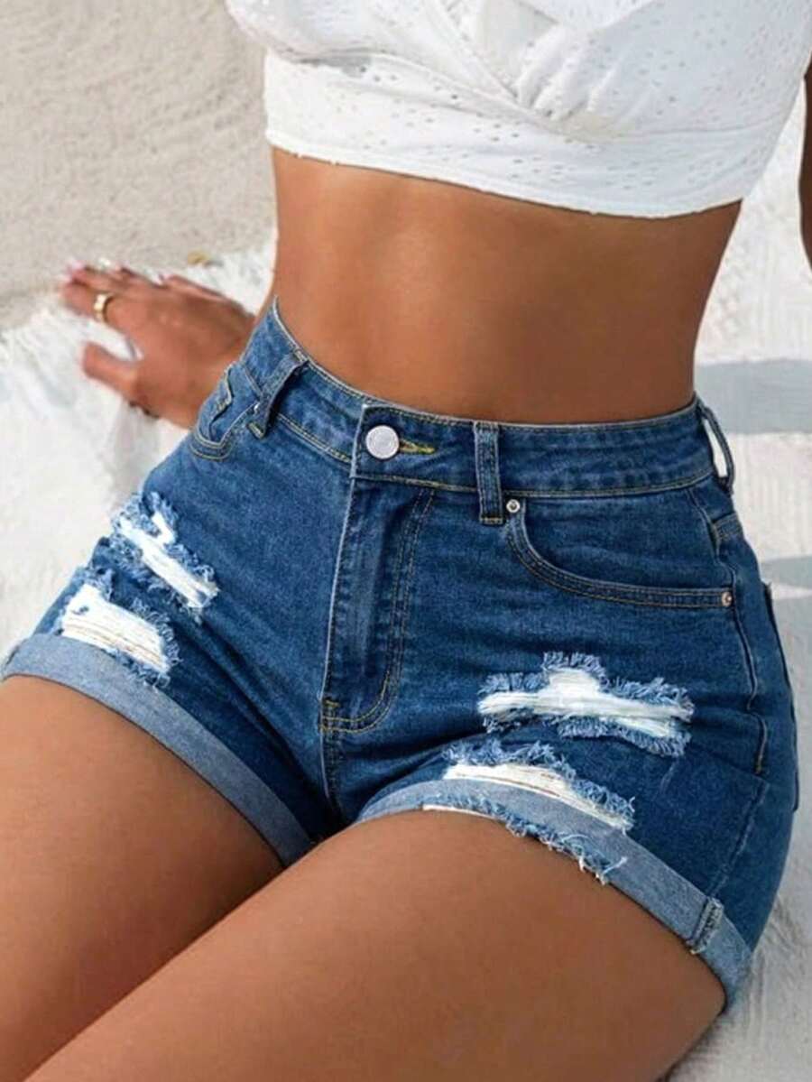 Shorts vaqueros de mujer ajustados y rectos con efecto desgastado y elástico, para el verano - Azul lavado oscuro - Ver 1