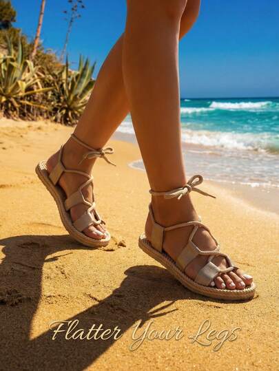 1 Đôi Sandal Nữ Thắt Nơ, Quai Quấn Mềm + Đế Rơm, Sandal Đế Bằng Mũi Tròn Buộc Dây Chống Trượt, Giảm Sốc, Kiểu Dáng Tươi Trẻ Và Ngọt Ngào, Thích Hợp Cho Dã Ngoại Mùa Xuân, Hẹn Hò Mùa Hè, Sinh Hoạt Hàng Ngày, Mua Sắm Cuối Tuần, Đi Dạo Biển, Mềm Mại Và Nhẹ, Thoải Mái Khi Mang, Phối Hợp Tốt Với Chân Váy Xếp Ly, Váy Hoa, Quần Yếm, Món Đồ Thời Trang Cho Phụ Nữ Trẻ Đi Biên Giới Tạo Nên Vẻ Ngoài Trẻ Trung Vừa Thẩm Mỹ Vừa Thoải Mái.