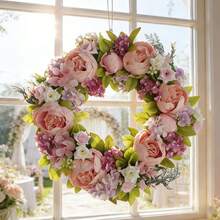 1pc 45cm/17.72in Romantic Vintage Style Artificial Simulated Peony Flower Hanging Decorative Wreath For Thanksgiving, Harvest, Christmas, Valentine's Day, Mother's Day, Weddings, Holiday Party Mantel, Wall, Door Window, Staircase Decorative Wreath, Thanksgiving Gift - B - 查看 4