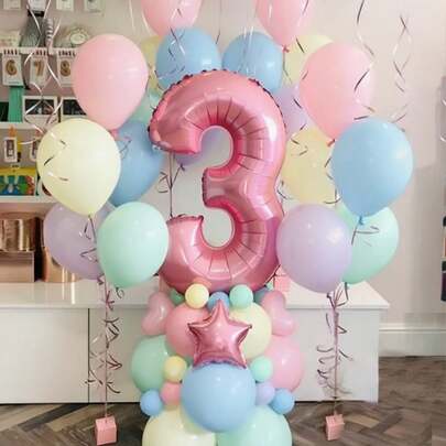 28pcs Pink Number Balloon Set, 32-Inch 0-9 Number Foil Balloons & Macaron Latex Balloons, Suitable For Birthday Party, Anniversary Decoration