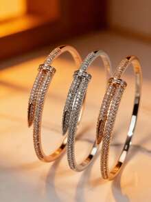 Crystal Paved Nail Shape Open Bangle, 14K Gold Plated Cuff Bracelet For Teens, Fashion Stackable Jewelry - Multicolor - View 1