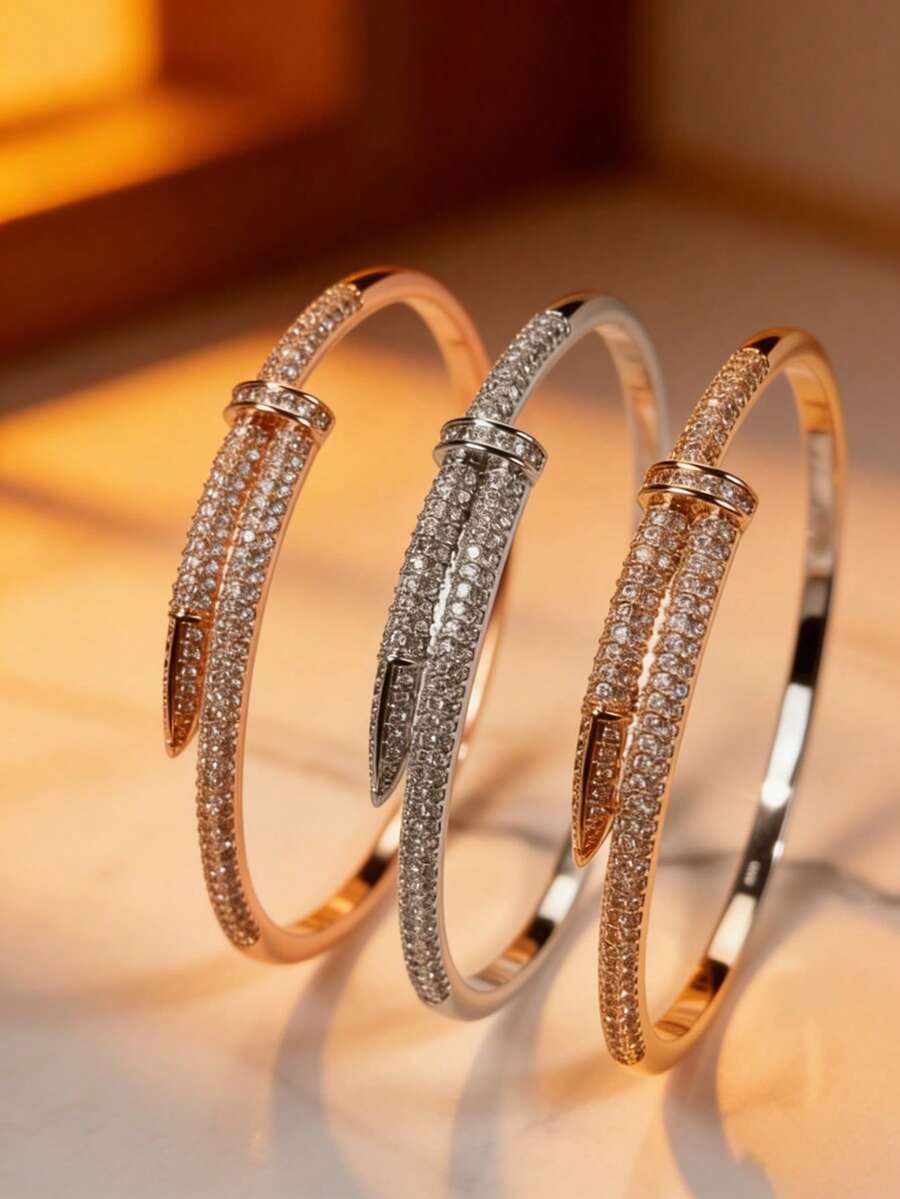 Crystal Paved Nail Shape Open Bangle, 14K Gold Plated Cuff Bracelet For Teens, Fashion Stackable Jewelry - Multicolor - View 1