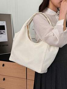 一件装黑白条纹帆布大容量敞口休闲单肩包，适合女性日常通勤。 - 彩色 - 查看 3