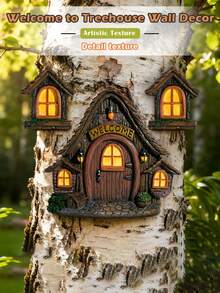 1 Set Wooden Fairy Tale Treehouse 3 Pieces Set, Garden Tree Decor Hanging Ornament, Outdoor Yard Miniature Landscape Accessory - B - View 7