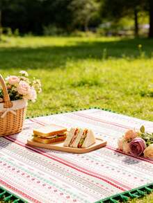 MineLain 1pc Bohemian Spring/Summer Red Geometric Tablecloth, Rectangular Table Runner, Green Tassel Decor, Can Be Used As Picnic Mat, Rectangular Tablecloth, Coffee Table, Bedside Table Cover, Tabletop Decoration, Suitable For Country Farmhouse Home Kitchen Dining Room, Living Room, Gathering, Party, Picnic, Camping, Holiday Wedding Decor, Daily Home Decor, All Seasons Use, Spring/Summer Decor - Multicolor - View 10