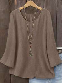 Plus Size Women's Solid Color Regular Crew Neck Long Sleeve Blouse Spring - Camel - View 3